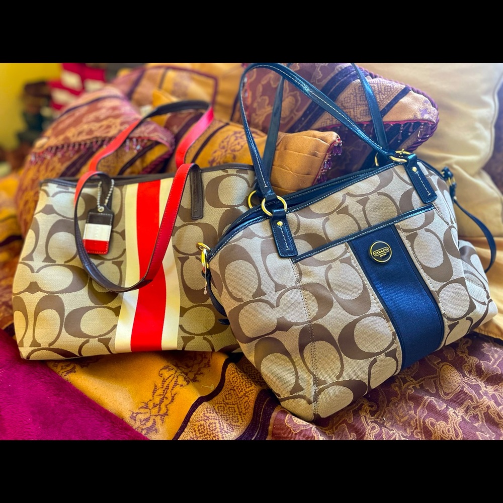 TWO Coach Signature Stripe Large Handbags
